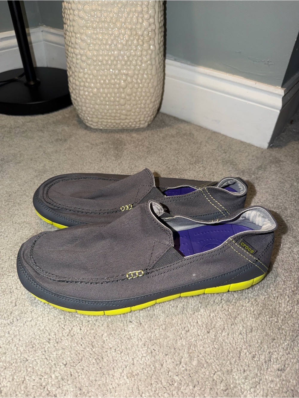 Crocs Kids' Grey Canvas Slip-On Shoes with Neon Yellow Sole